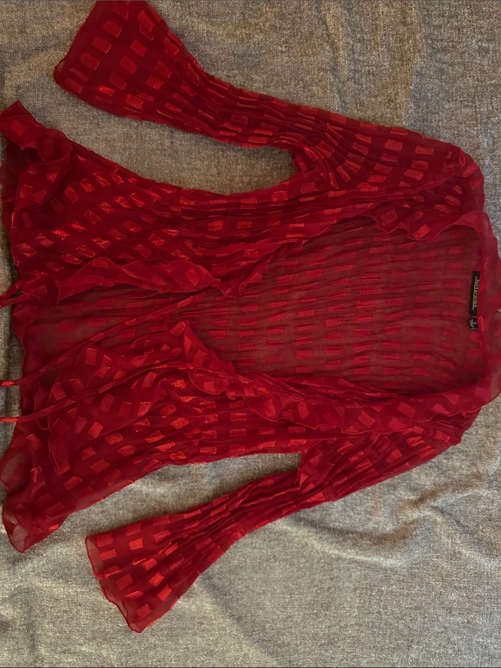 Notations Red Sheer Tie-Front Tunic with Textured Check